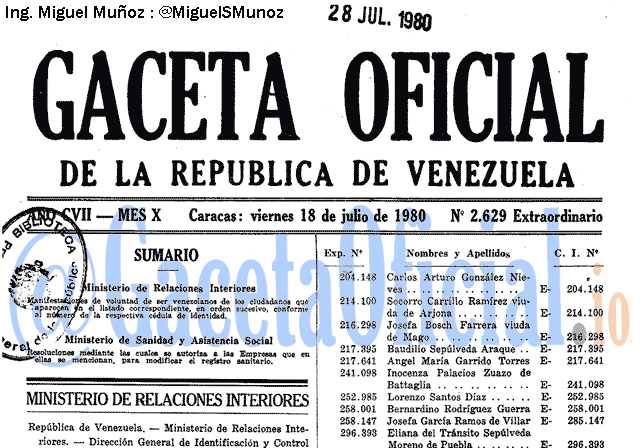 Gaceta Oficial 2629 del 18 Julio 1980