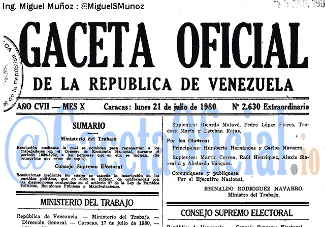 Gaceta Oficial 2630 del 21 Julio 1980