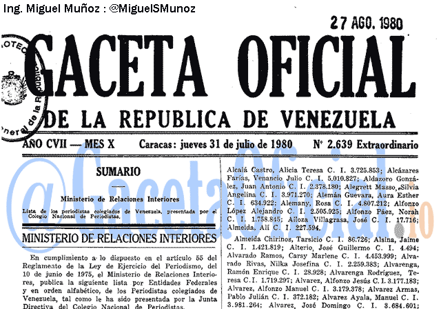 Gaceta Oficial 2639 del 31 Julio 1980
