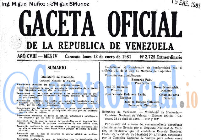 Gaceta Oficial 2725 del 12 Enero 1981
