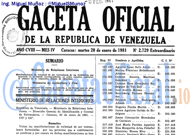 Gaceta Oficial 2729 del 20 Enero 1981