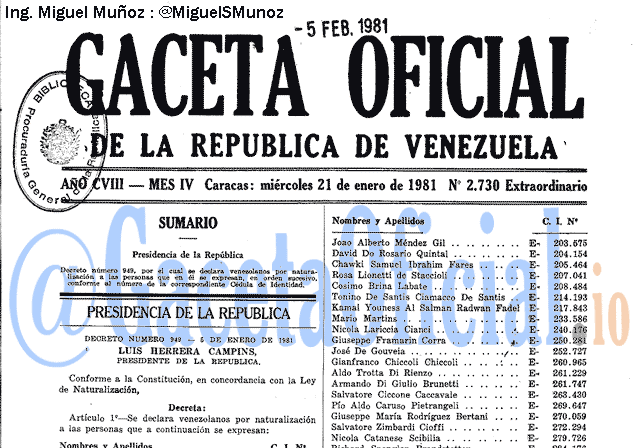Gaceta Oficial 2730 del 21 Enero 1981
