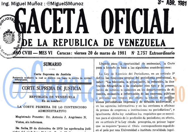 Gaceta Oficial 2757 del 20 Marzo 1981