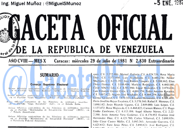 Gaceta Oficial 2830 del 29 Julio 1981
