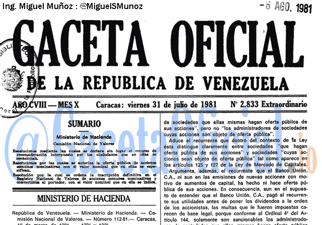 Gaceta Oficial 2833 del 31 Julio 1981