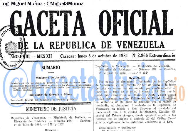 Gaceta Oficial 2866 del 5 Octubre 1981