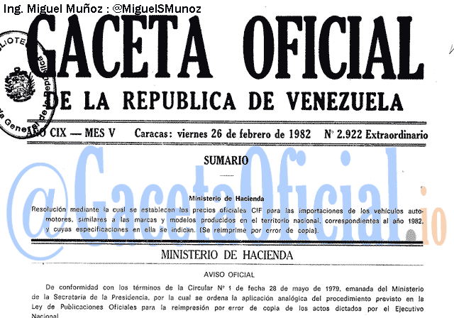 Gaceta Oficial 2922 del 26 Febrero 1982