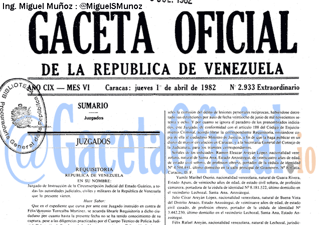 Gaceta Oficial 2933 del 1 Abril 1982