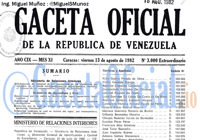 Gaceta Oficial 3000 del 13 Agosto 1982