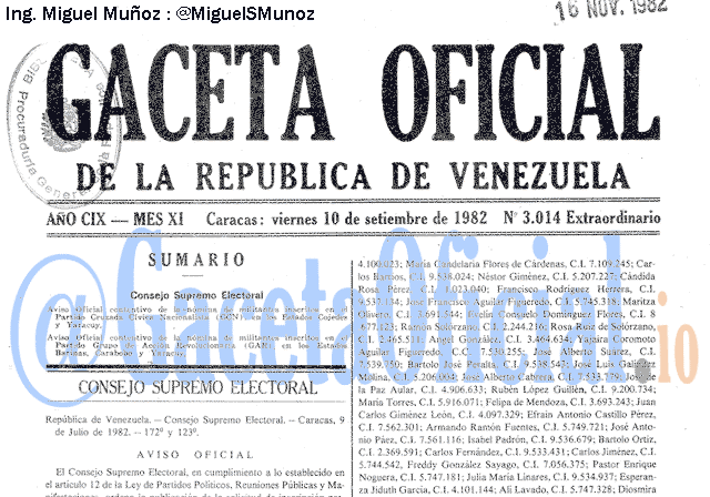 Gaceta Oficial 3014 del 10 Septiembre 1982
