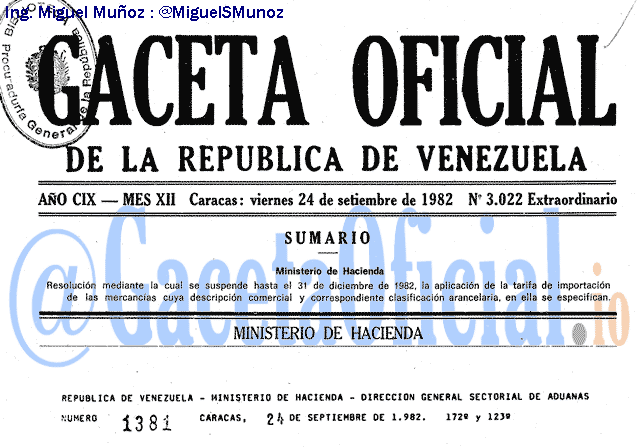 Gaceta Oficial 3022 del 24 Septiembre 1982