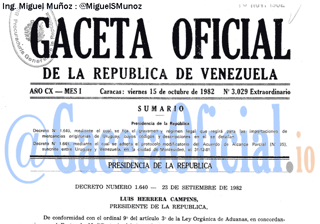 Gaceta Oficial 3029 del 15 Octubre 1982
