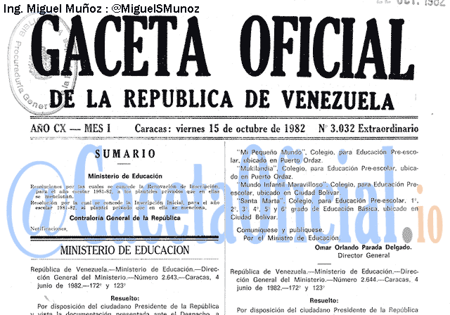 Gaceta Oficial 3032 del 15 Octubre 1982