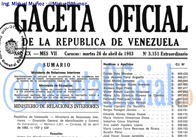 Gaceta Oficial 3151 del 26 Abril 1983
