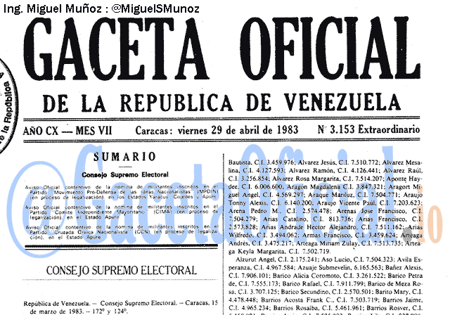 Gaceta Oficial 3153 del 29 Abril 1983