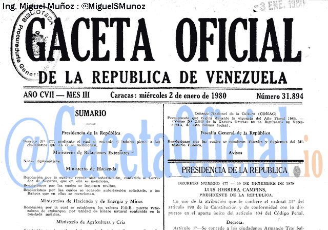 Gaceta Oficial 31894 del 2 Enero 1980