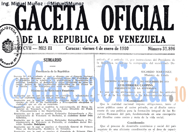 Gaceta Oficial 31896 del 4 Enero 1980