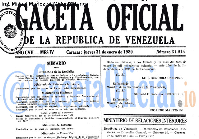Gaceta Oficial 31915 del 31 Enero 1980