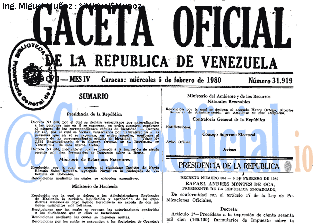 Gaceta Oficial 31919 del 6 Febrero 1980