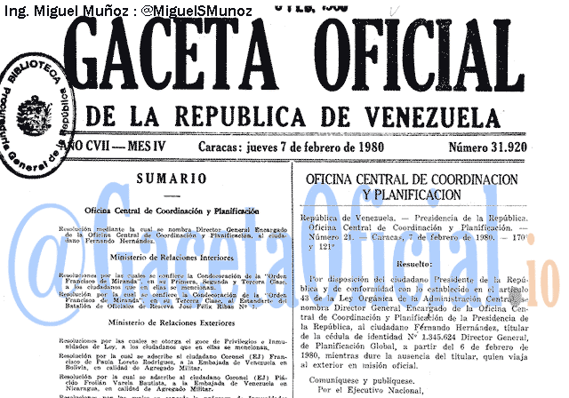 Gaceta Oficial 31920 del 7 Febrero 1980