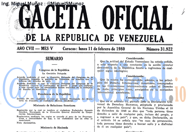 Gaceta Oficial 31922 del 11 Febrero 1980