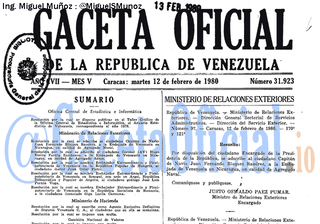 Gaceta Oficial 31923 del 12 Febrero 1980