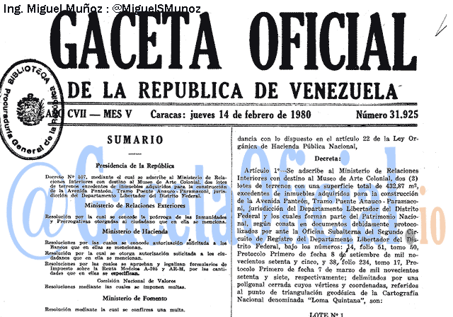Gaceta Oficial 31925 del 14 Febrero 1980