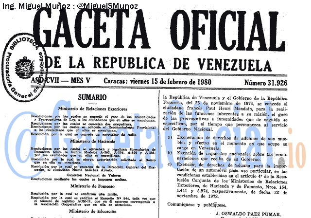 Gaceta Oficial 31926 del 15 Febrero 1980