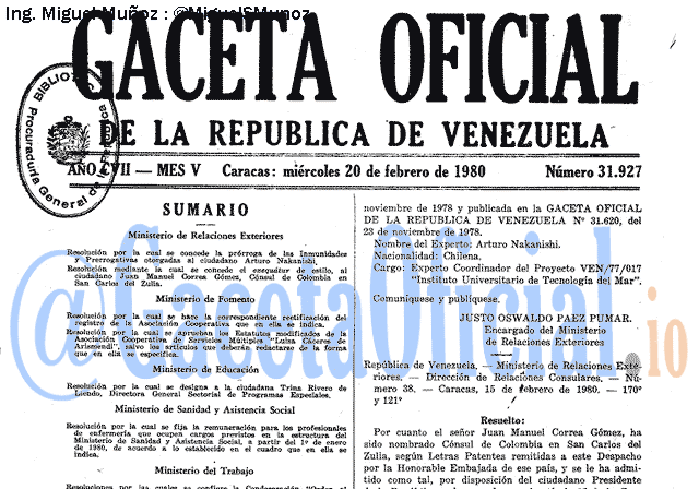Gaceta Oficial 31927 del 20 Febrero 1980