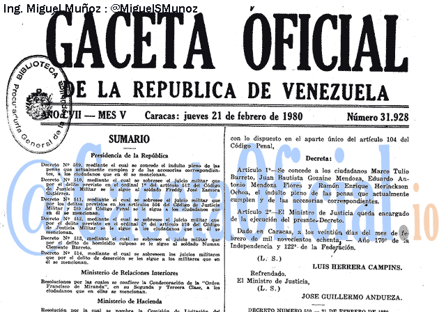 Gaceta Oficial 31928 del 21 Febrero 1980