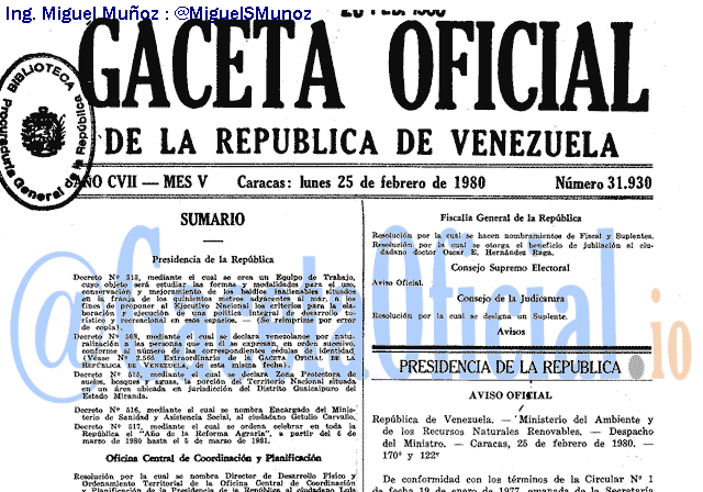Gaceta Oficial 31930 del 25 Febrero 1980