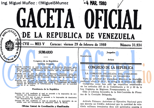 Gaceta Oficial 31934 del 29 Febrero 1980