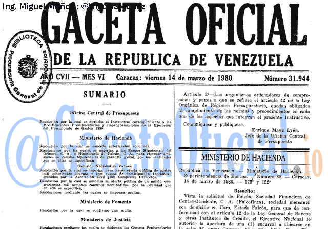 Gaceta Oficial 31944 del 14 Marzo 1980