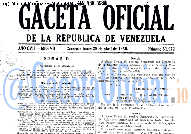 Gaceta Oficial 31972 del 28 Abril 1980