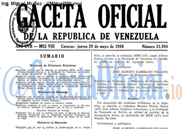 Gaceta Oficial 31994 del 29 Mayo 1980