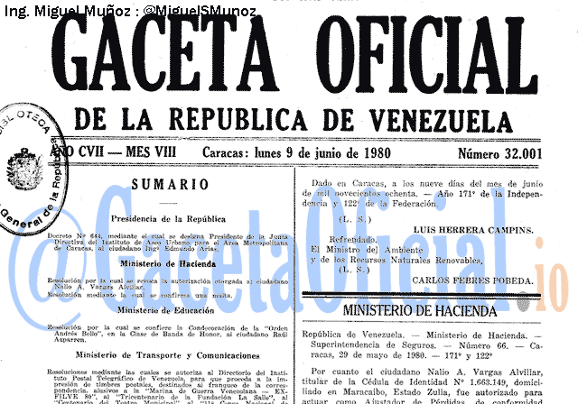 Gaceta Oficial 32001 del 9 Junio 1980