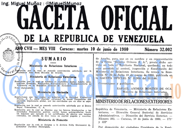 Gaceta Oficial 32002 del 10 Junio 1980