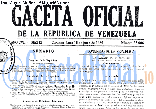 Gaceta Oficial 32006 del 16 Junio 1980