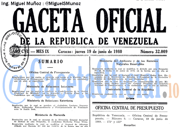 Gaceta Oficial 32009 del 19 Junio 1980