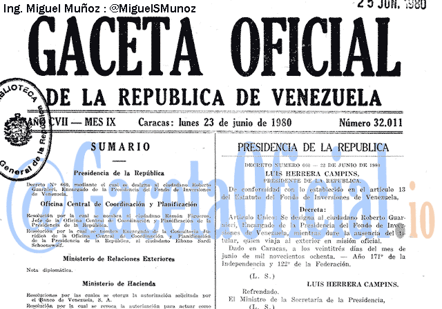 Gaceta Oficial 32011 del 23 Junio 1980