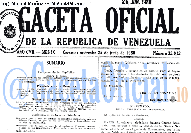 Gaceta Oficial 32012 del 25 Junio 1980