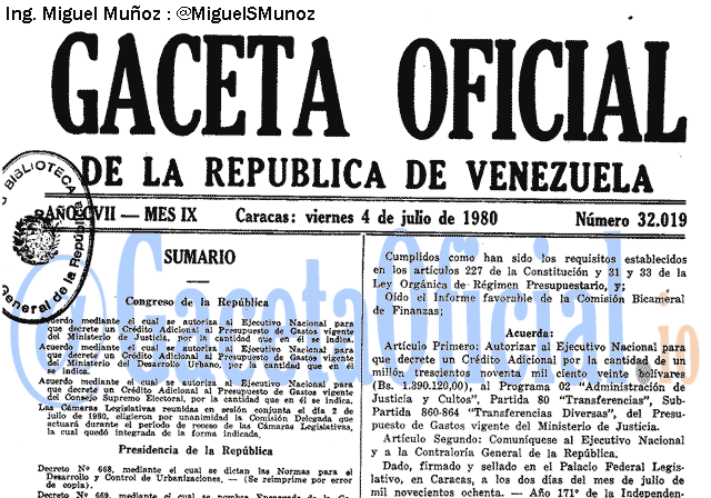 Gaceta Oficial 32019 del 4 Julio 1980