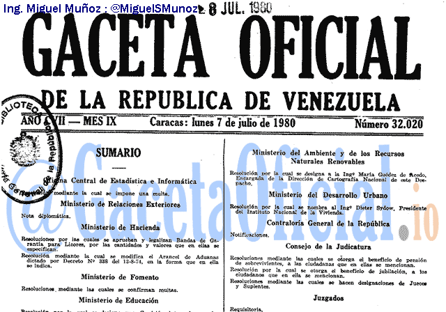 Gaceta Oficial 32020 del 7 Julio 1980