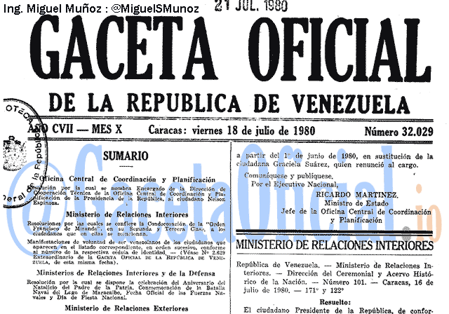 Gaceta Oficial 32029 del 18 Julio 1980