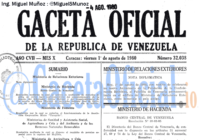 Gaceta Oficial 32038 del 1 Agosto 1980