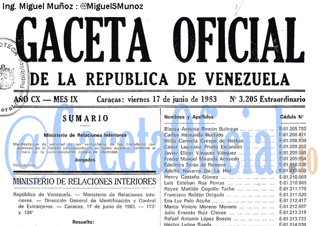 Gaceta Oficial 3205 del 17 Junio 1983