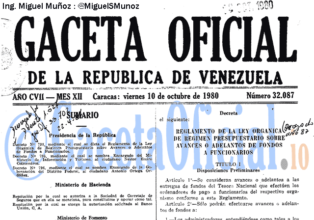 Gaceta Oficial 32087 del 10 Octubre 1980