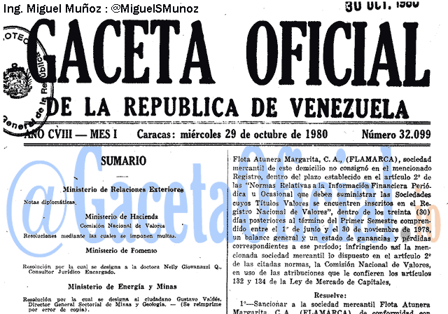 Gaceta Oficial 32099 del 29 Octubre 1980