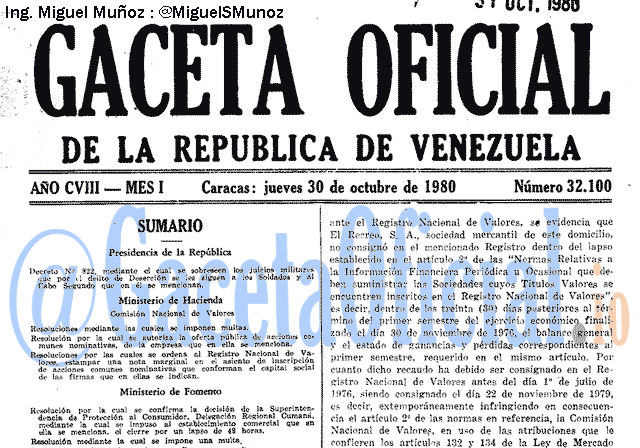 Gaceta Oficial 32100 del 30 Octubre 1980
