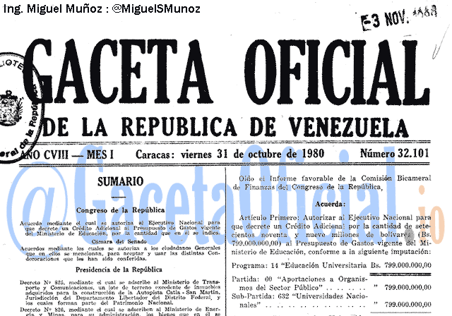 Gaceta Oficial 32101 del 31 Octubre 1980